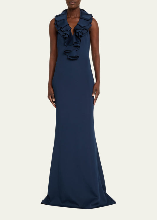 Badgley Mischka Ruffle Halter Trumpet Gown