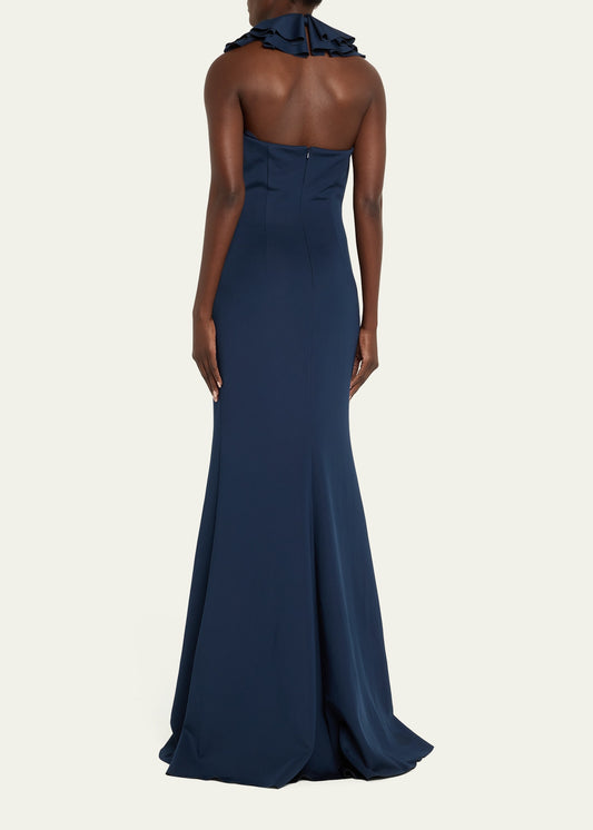 Badgley Mischka Ruffle Halter Trumpet Gown