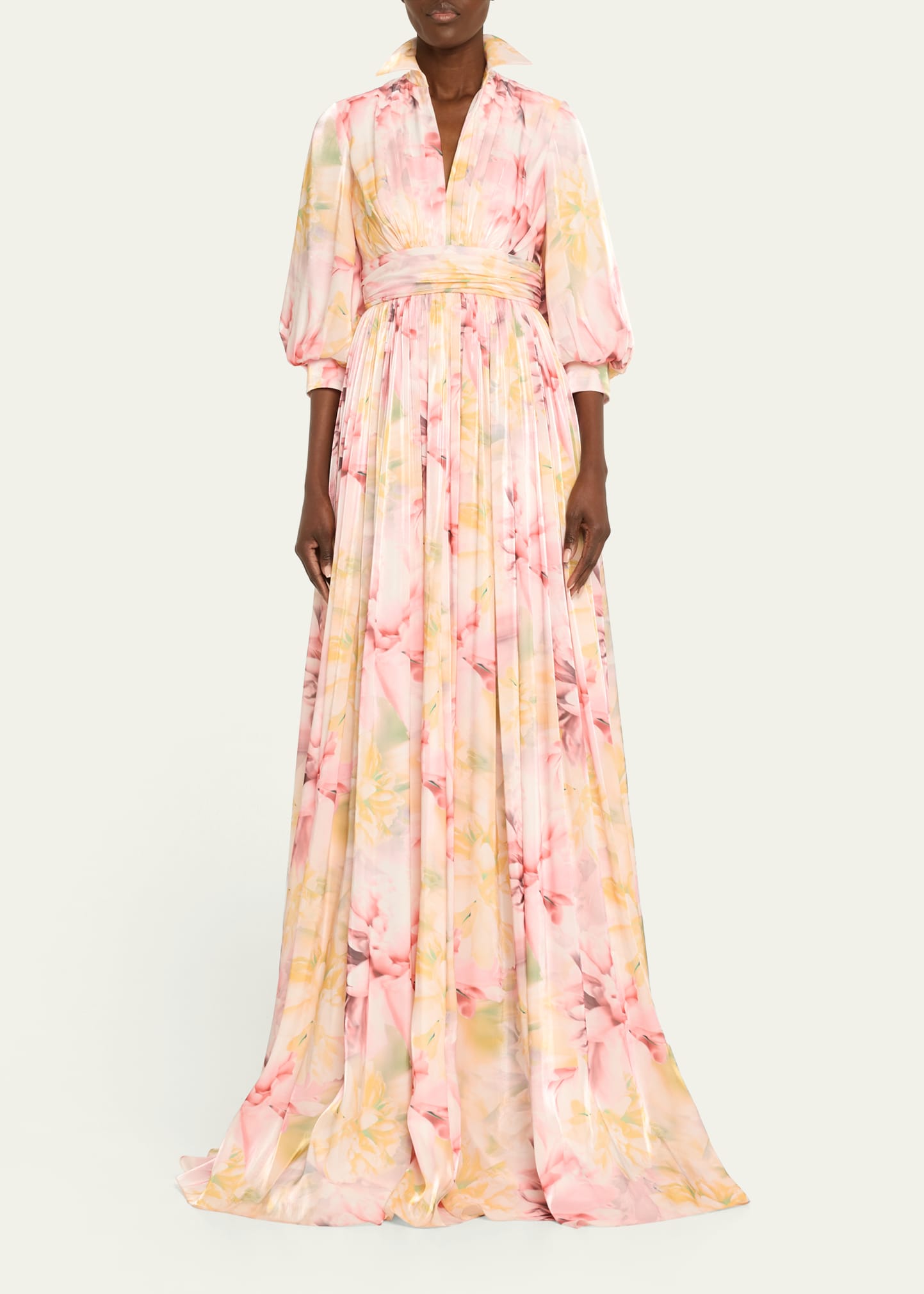 Badgley Mischka Blouson Sleeve Floral Empire Gown