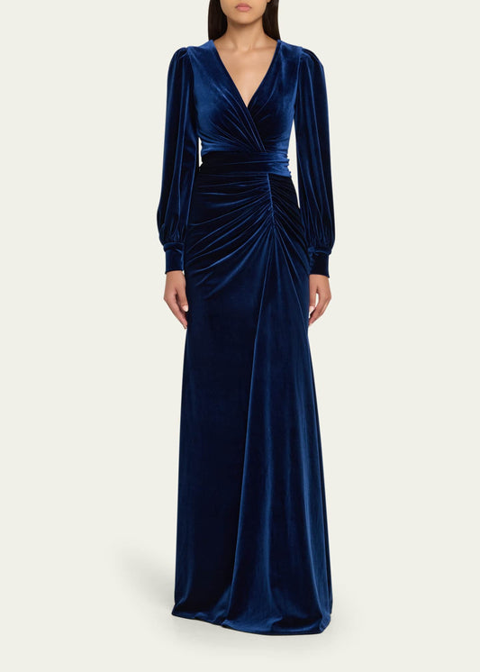 Badgley Mischka Long Sleeve Pleated Velvet Gown