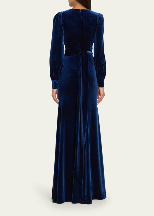 Badgley Mischka Long Sleeve Pleated Velvet Gown