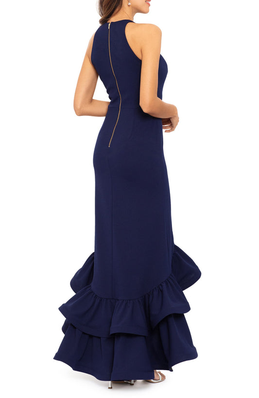Betsy & Adam Ruffle Halter Crepe Gown