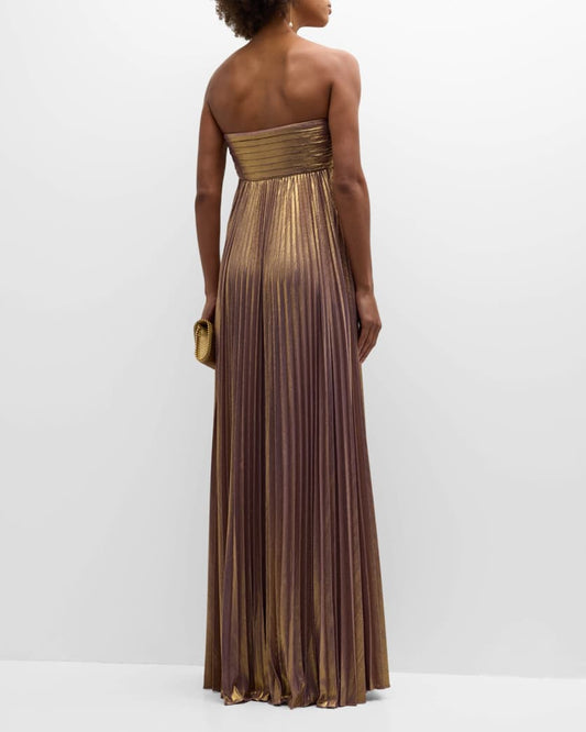 Retrofete Pleated Lamé Strapless Empire Dress