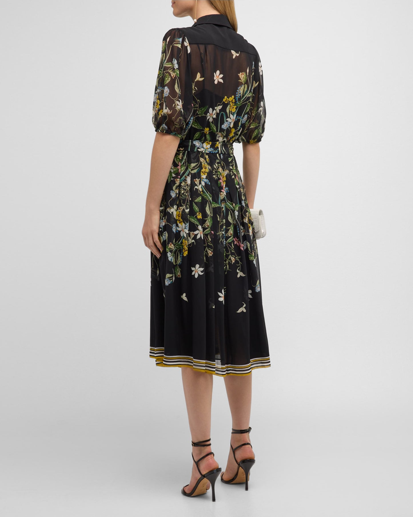 Teri Jon Floral Print Blouson Sleeve Chiffon Midi Dress