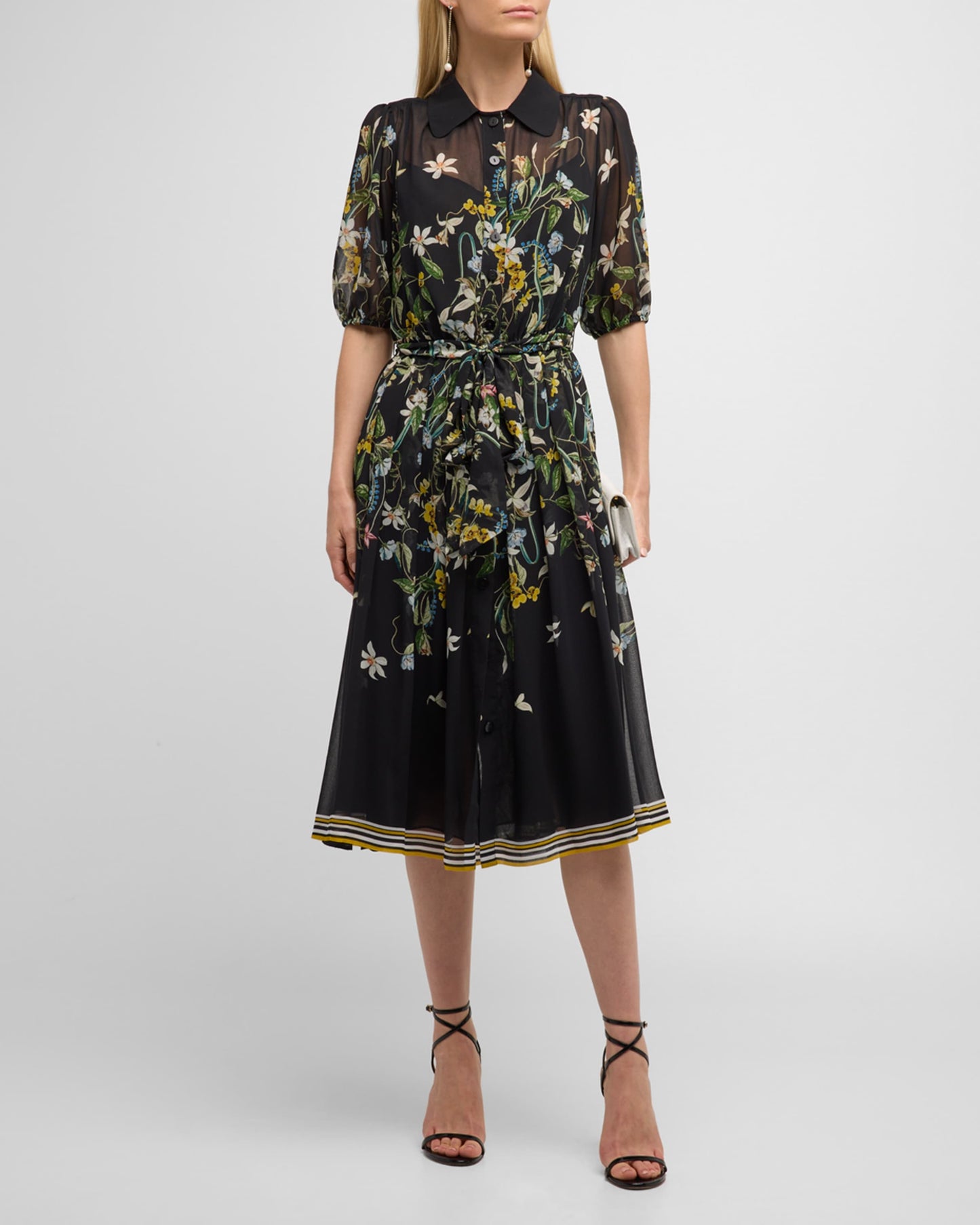 Teri Jon Floral Print Blouson Sleeve Chiffon Midi Dress