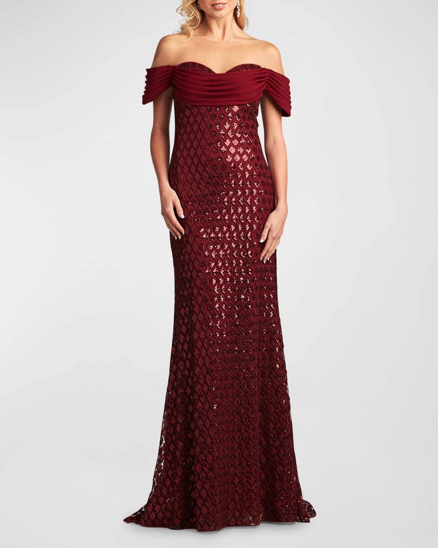 Tadashi Shoji Sequin Off Shoulder Column Gown