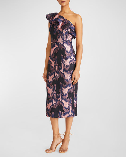 ML Monique Lhuillier One Shoulder Metallic Jacquard Midi