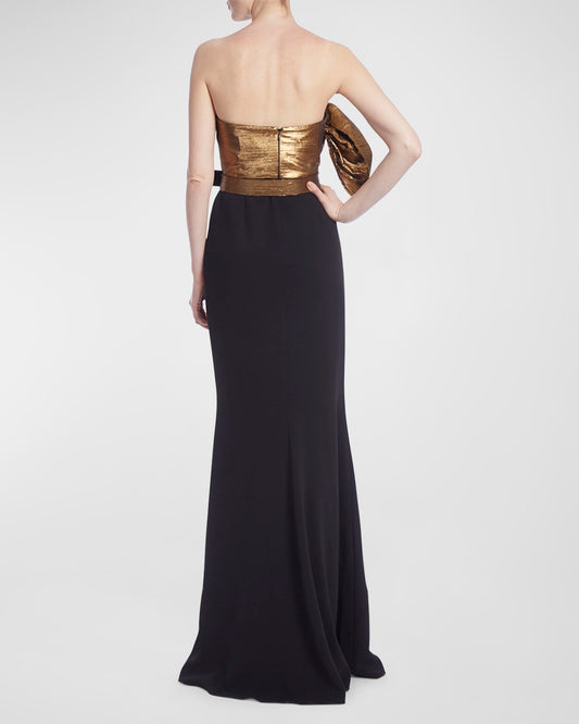 Badgley Mischka Strapless Belted Metallic Ruffle Gown