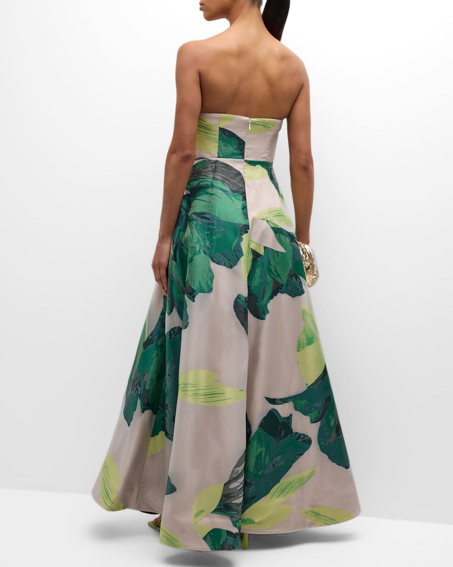 Milly Asymmetric Strapless Botanical Jacquard Gown
