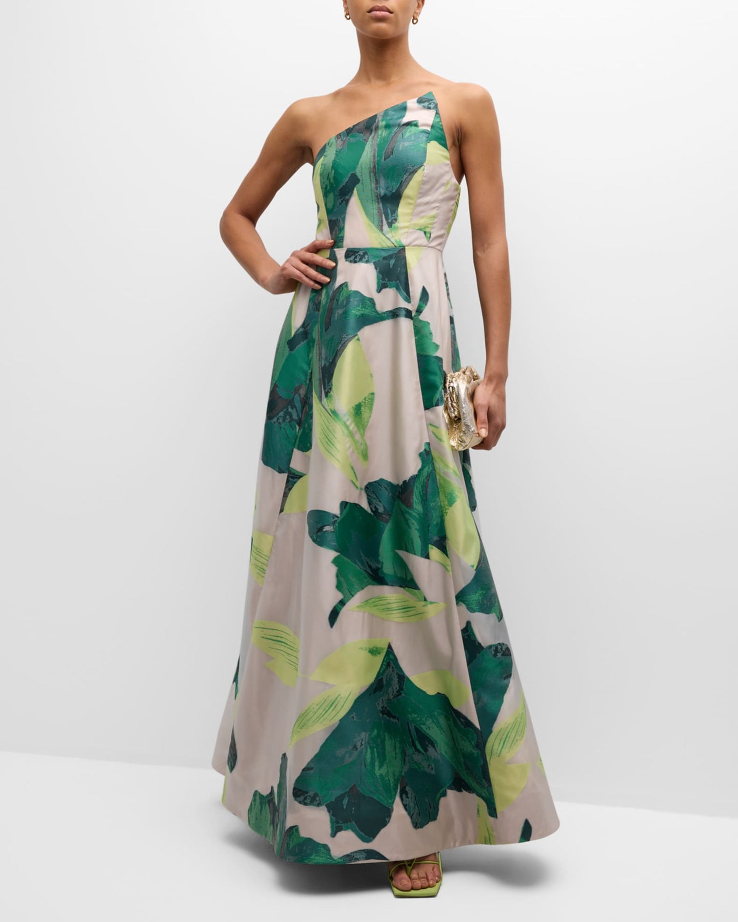 Milly Asymmetric Strapless Botanical Jacquard Gown