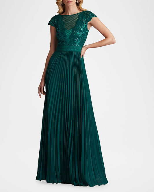 Tadashi Shoji Pleated Chiffon and Sequin Lace Gown