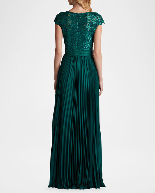 Tadashi Shoji Pleated Chiffon and Sequin Lace Gown