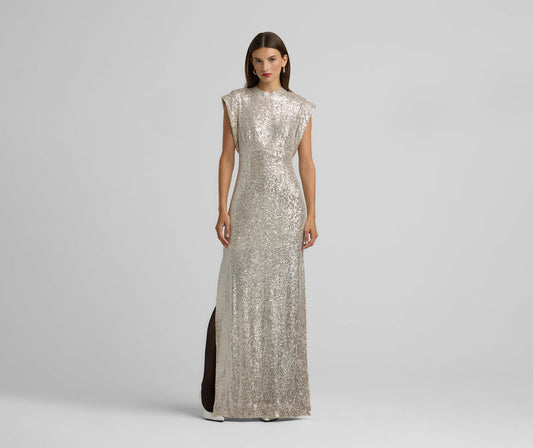 St. John Cap Sleeve Sequin Draped Gown