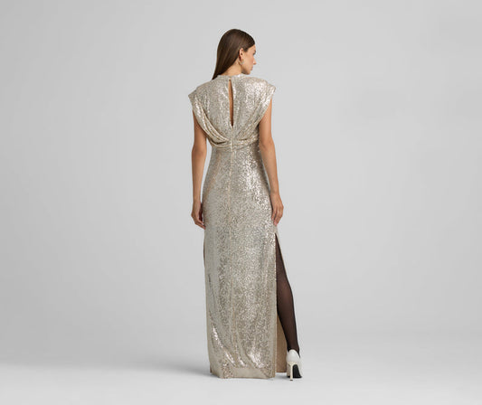 St. John Cap Sleeve Sequin Draped Gown