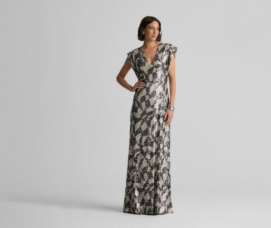 St. John Geo Paillettes Cap Sleve Gown