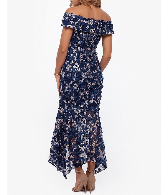 Xscape Floral Off-the-Shoulder Tea Length Gown