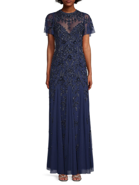 Aidan Mattox Beaded Flutter Sleeve Gown
