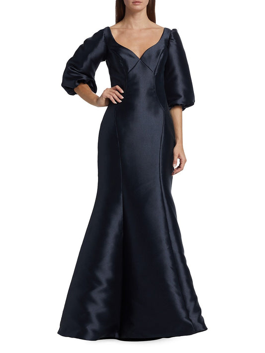 Amsale Puff Sleeve V-Neck Gown
