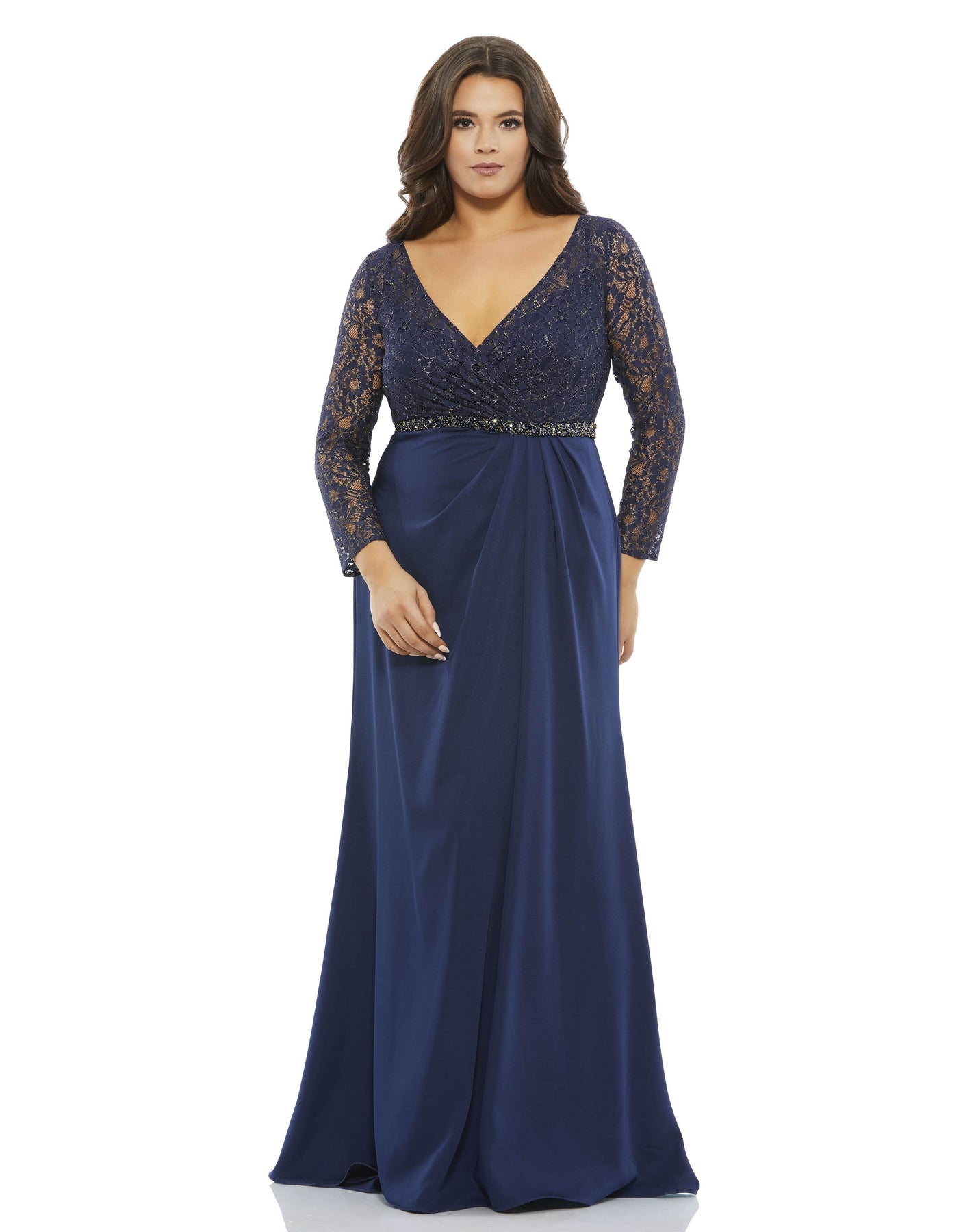 Mac Duggal Plus Size Lace Illusion Sleeve Gown