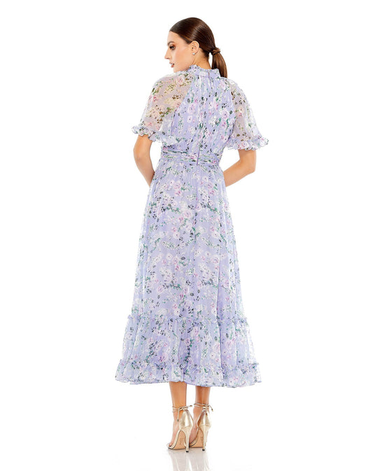 MacDuggal Floral High Neck Raglan Sleeve Dress