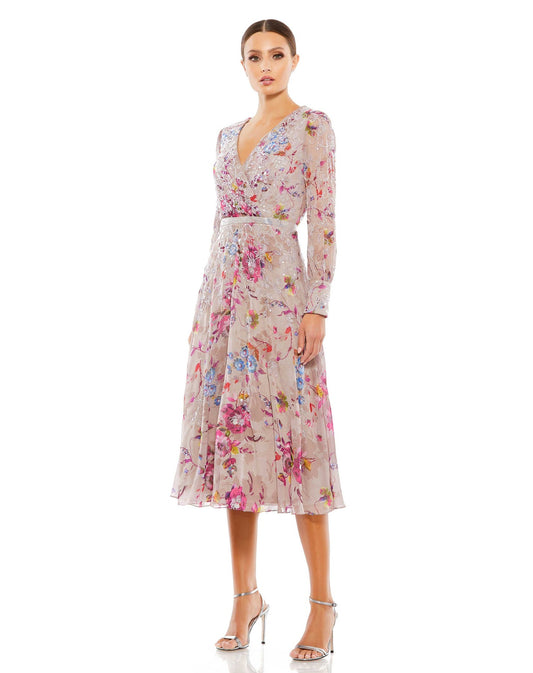 Mac Duggal Floral Long Sleeve Midi Dress