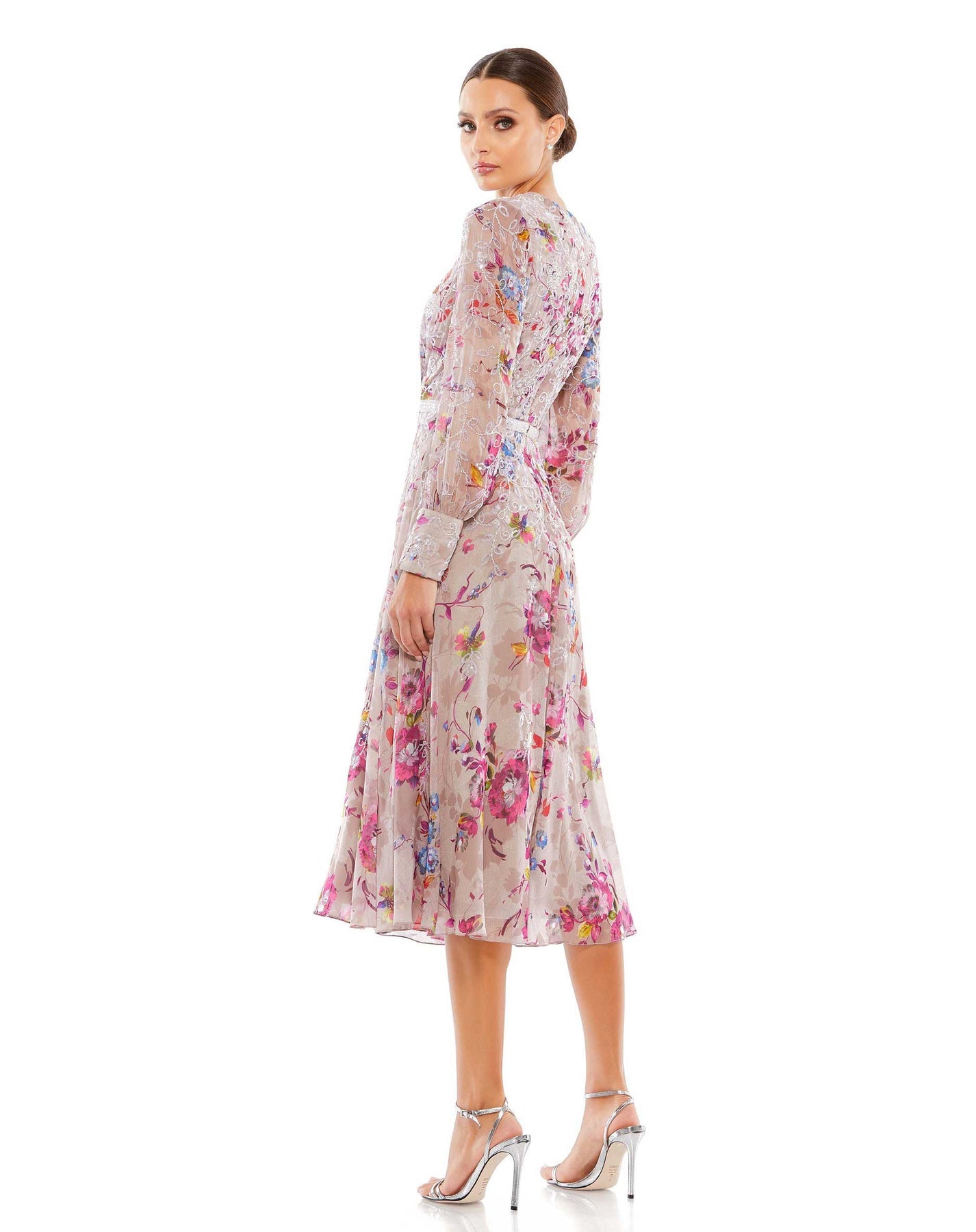 Mac Duggal Floral Long Sleeve Midi Dress