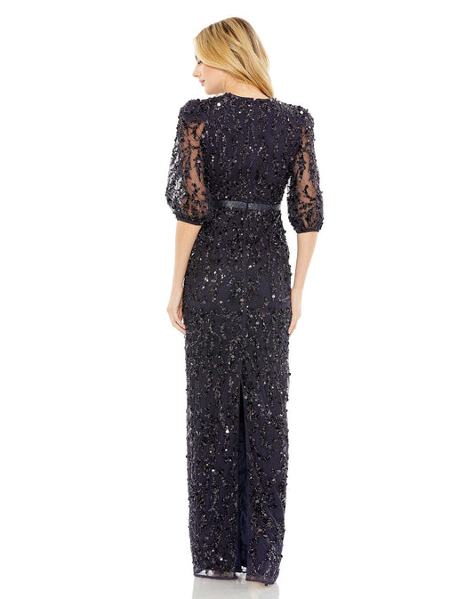 Mac Duggal Sequined Elbow Sleeve Gown