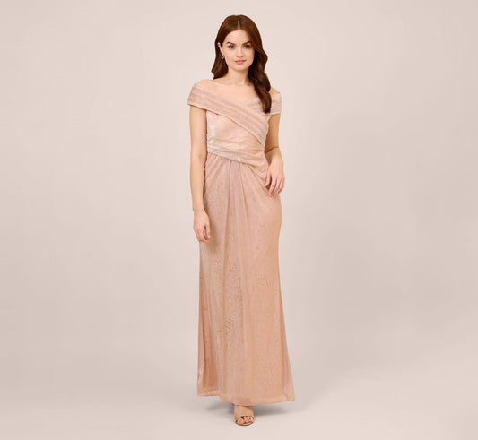 Adrianna Papell Metallic Rose Off the Shoulder Gown