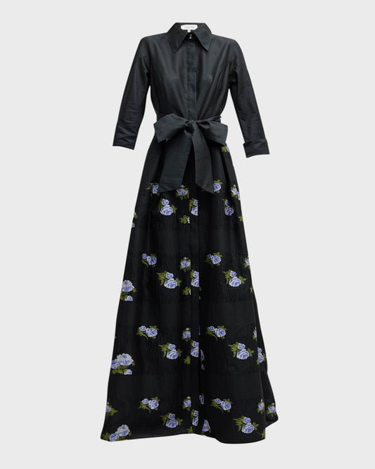 Teri Jon Floral Embroidered Organza Shirt Gown