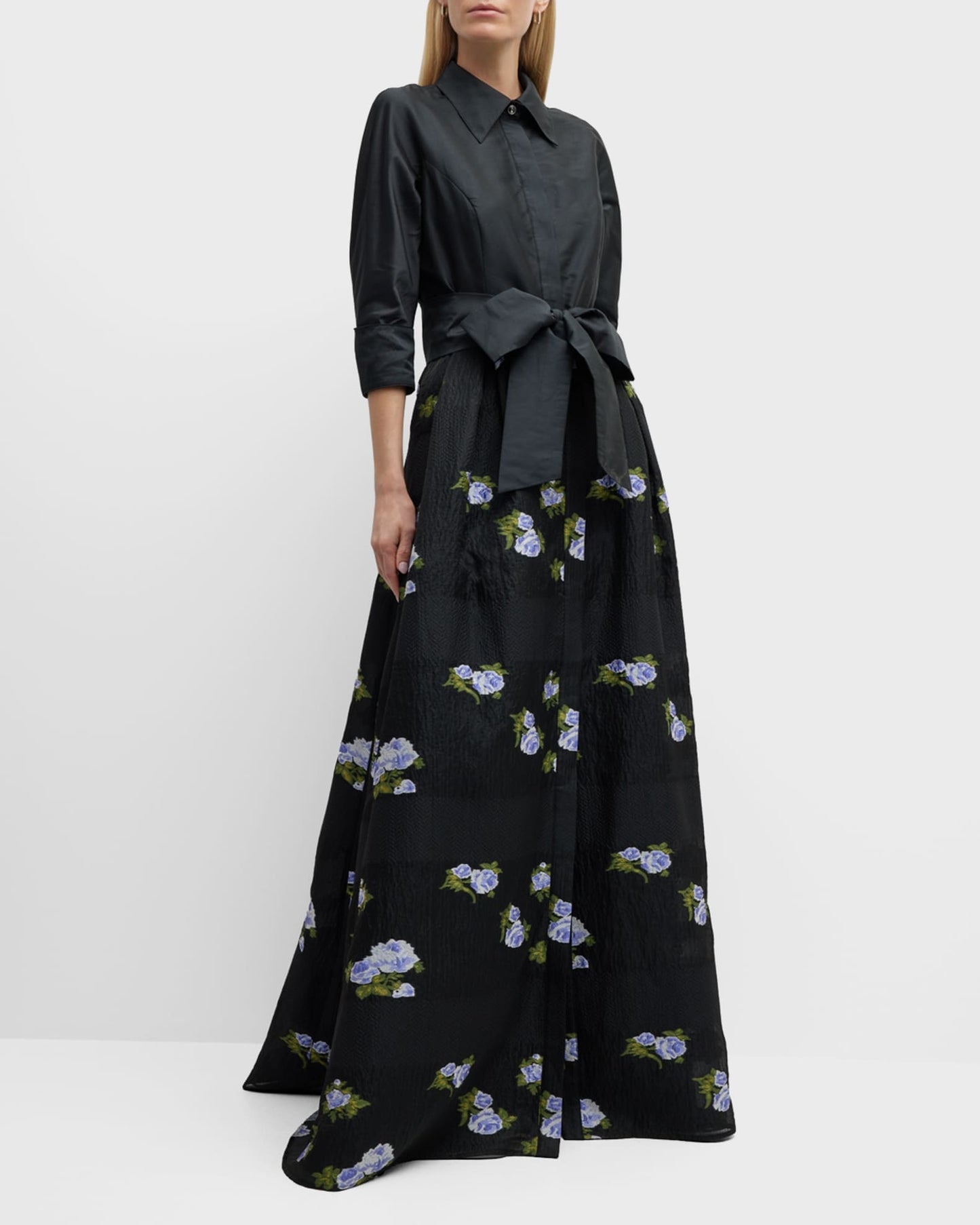 Teri Jon Floral Embroidered Organza Shirt Gown