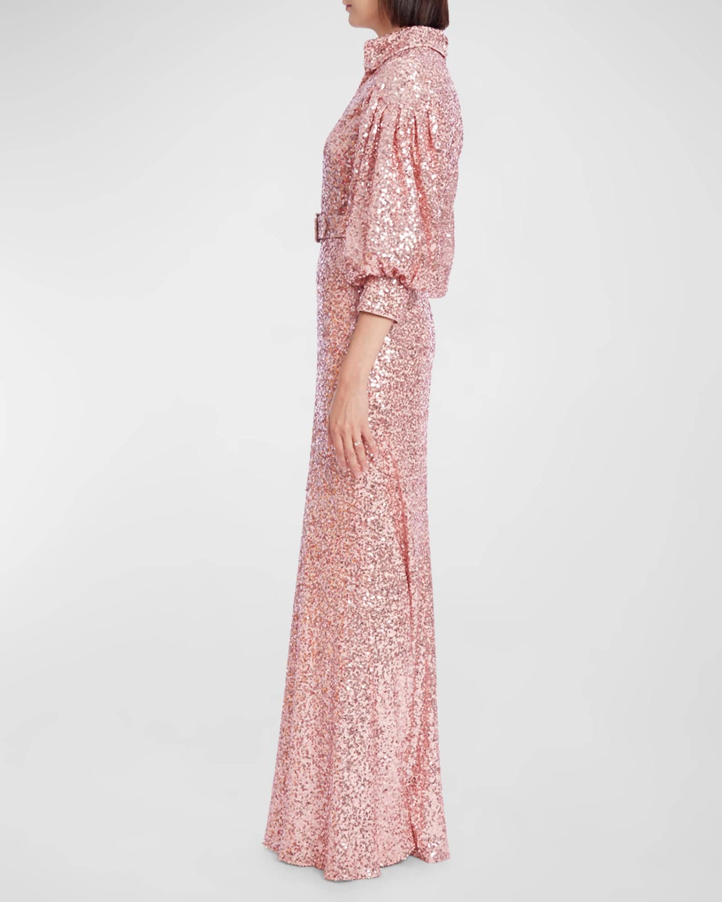 Badgley Mischka Bishop Sleeve Sequin Shirt Gown